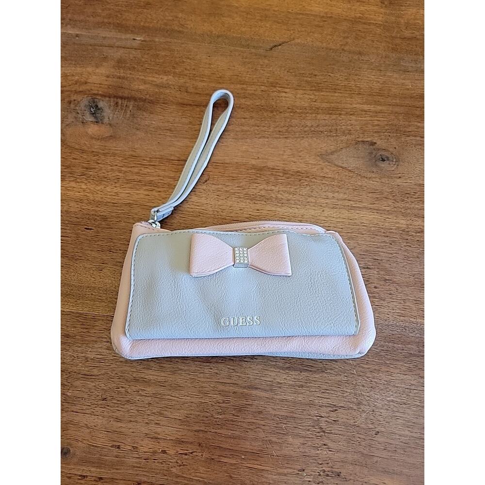Guess Pink Gray Wristlet Wallet Bow Rhinsetone
